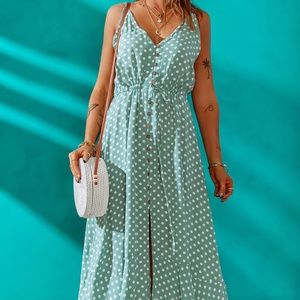 Polka Dot Buttoned Front Slit Maxi Dress